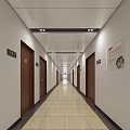Modern Office Corridor With Brown Doors Signage Notice Light Colored Tile Floor And Ceiling Lights