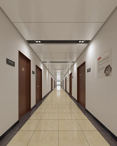 Modern Office Corridor With Brown Doors Signage Notice Light Colored Tile Floor And Ceiling Lights 3d model
