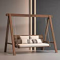 Wooden Frame Swing Chair with White Gray Cushions in Modern Room Design