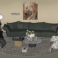 Stylish Green Sofa Set With Coffee Table Vase Flowers Floor Lamp And Abstract Painting
