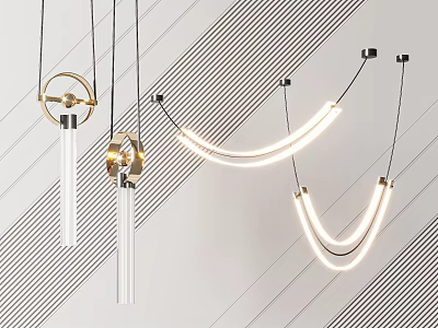 Modern Pendant Lights With Curved LED Tubes And Brass Accents On Striped Wall 3d model