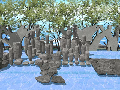 Stone And Wood Outdoor Landscape With Rock Structures Wooden Decorations Trees And Water Features 3d model