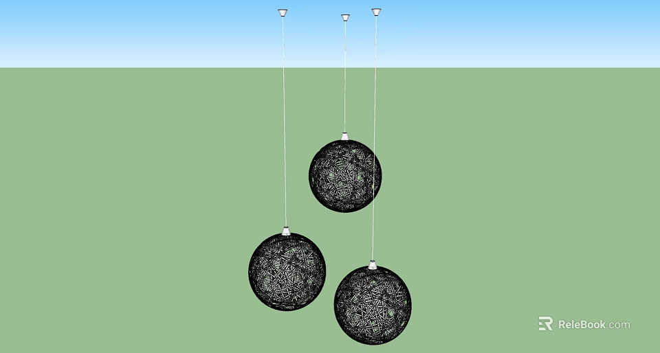 Three Black Spherical Pendant Lights Hanging in Green and Blue Outdoor Setting 3d model 