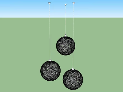 Three Black Spherical Pendant Lights Hanging in Green and Blue Outdoor Setting 3d model