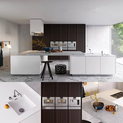 Modern Kitchen Interior With Dark And White Cabinets Island And Appliances 3d model
