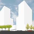 Modern Commercial Complex With Tall Buildings Low Rise Structures And Green Trees