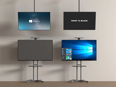 Four TVs on Stands Showing Starry Background Black Screen Gray Display and Windows Interface 3d model