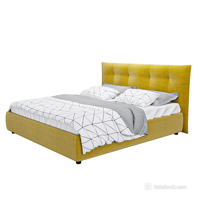Double Bed With Yellow Upholstered Headboard And White Geometric Pattern Bedding 3d model