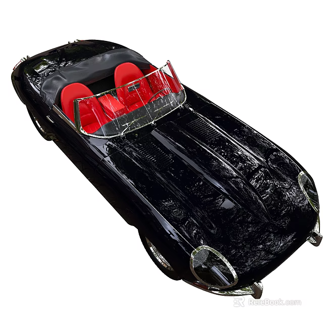 Classic Black Convertible Car With Red Interior And Round Headlights 3d model 