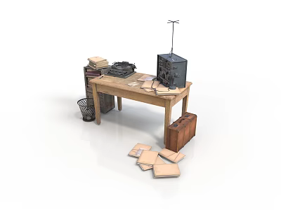 Vintage Office Scene With Wooden Desk Typewriter Radio And Scattered Papers 3d model