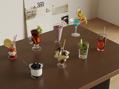 Assorted Refreshing Beverages And Dessert Cups With Fresh Fruit Garnishes On Wooden Table 3d model