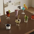 Assorted Refreshing Beverages And Dessert Cups With Fresh Fruit Garnishes On Wooden Table