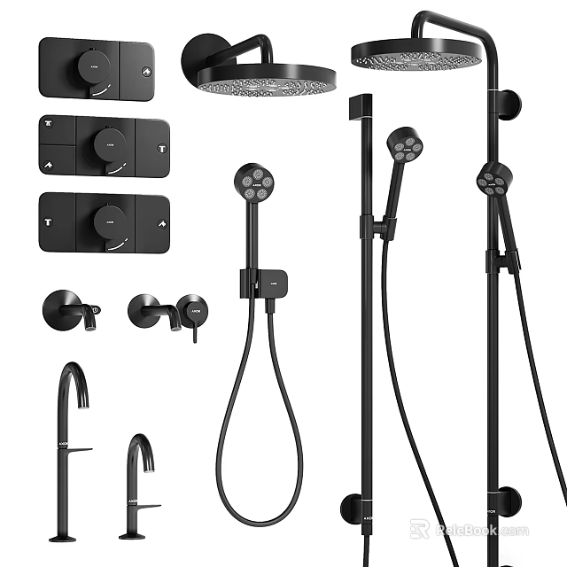Black Shower System With Rain Head Handheld Sprayer And Control Knobs 3d model
