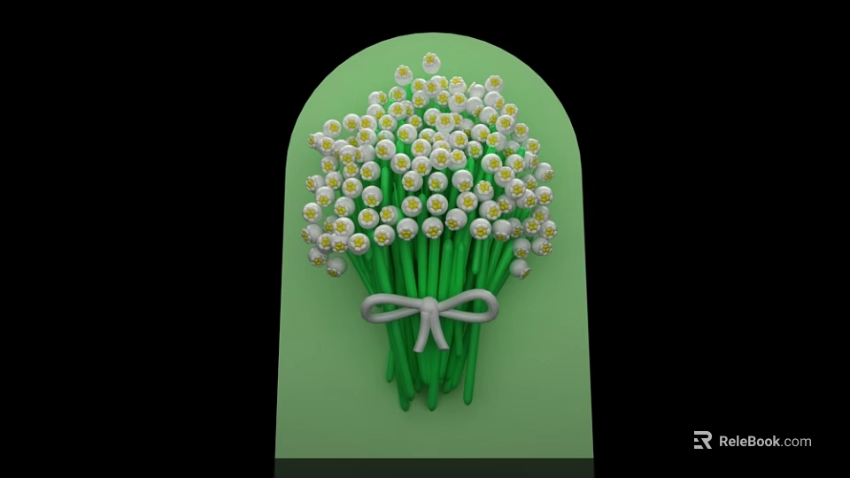 Bouquet of White and Yellow Small Flowers Tied with Green Ribbon on Green Arch 3d model