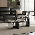 Two Coffee Tables With Black Leather Sofa Green Plant And Books In Living Room