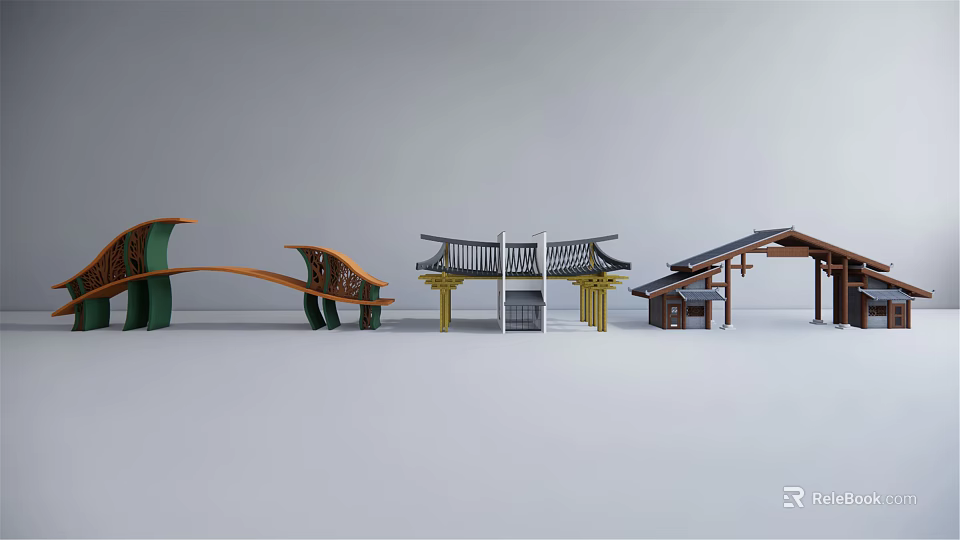 Various Traditional Entrance Gate Designs With Wooden Frames And Ornate Roofs 3d model 