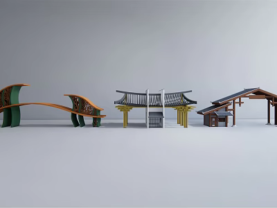 Various Traditional Entrance Gate Designs With Wooden Frames And Ornate Roofs 3d model