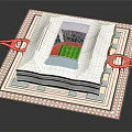 3D Layered Stadium Model With Green Pitch Red Stands White Roof And Pink Bridges