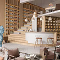 Modern Café Interior With Wooden Stairs Bar Counter Wine Racks And Blue Sculpture