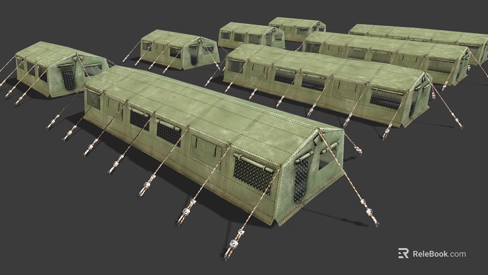 Multiple Green Military Tents In Canvas Material With Ropes And Frames 3d model 