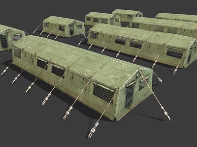 Multiple Green Military Tents In Canvas Material With Ropes And Frames 3d model