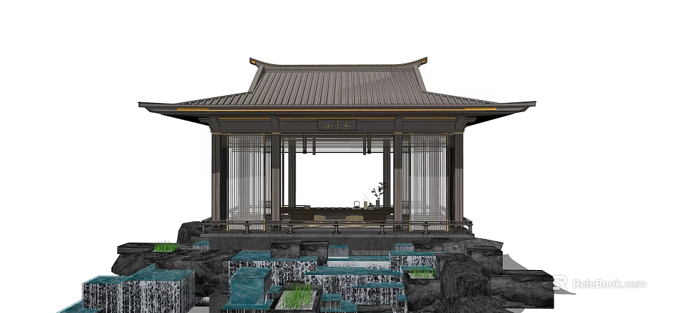 Traditional Chinese Pavilion With Curved Roof Stone Base And Cascading Water 3d model 