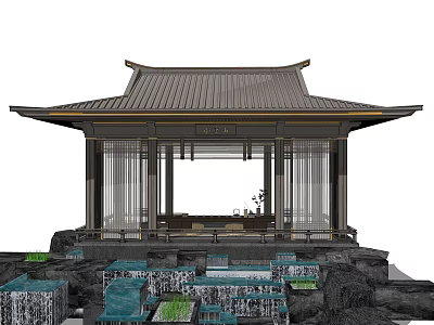 Traditional Chinese Pavilion With Curved Roof Stone Base And Cascading Water 3d model