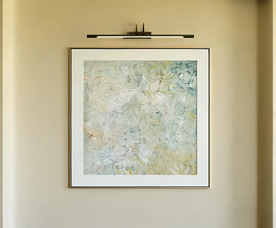 Abstract Painting in Black Frame Hanging on Beige Wall with Spotlight Light Blue Yellow Tones 3d model