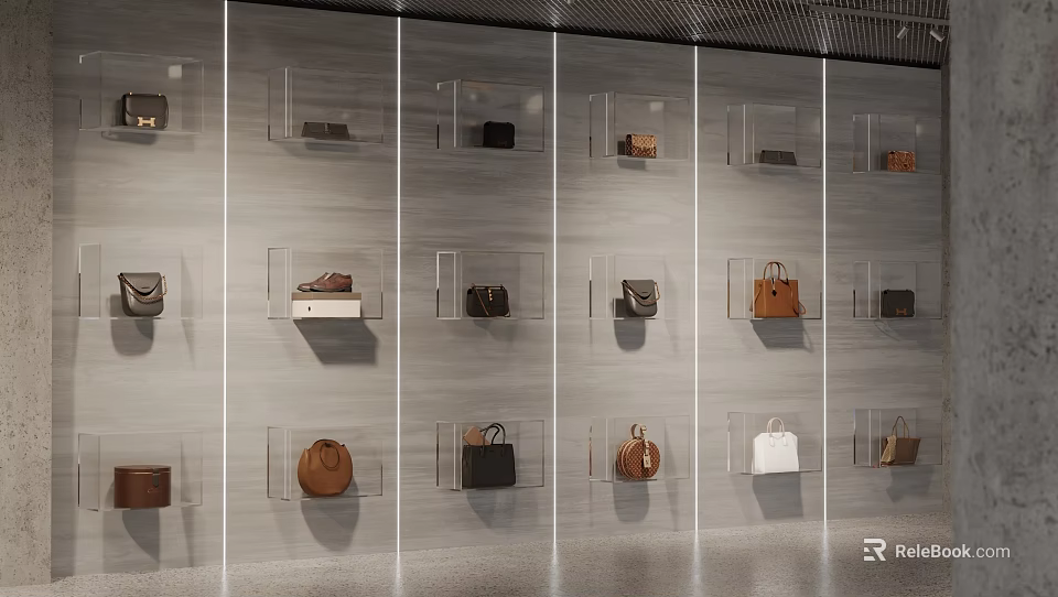 Modern Transparent Display Shelves Showcasing Various Stylish Handbags In Retail Store 3d model 