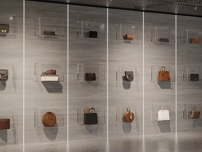 Modern Transparent Display Shelves Showcasing Various Stylish Handbags In Retail Store 3d model