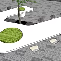 Modern Outdoor Table Setup With Trees Winding Paths And Green Circular Areas On Stone Pavement
