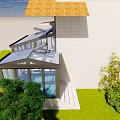 Villa Balcony With Glass Structure Green Lawn Trees And Blue Sky