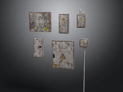 Rusty Metal Electrical Control Panels With Various Styles And Yellow Warning Signs 3d model