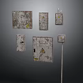Rusty Metal Electrical Control Panels With Various Styles And Yellow Warning Signs