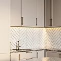 Contemporary Kitchen With Beige Cabinets Chevron Backsplash And Wine Storage
