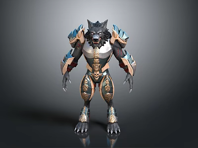 Muscular Wolf Warrior Figure With Black Gold Blue Armor And Sharp Claws 3d model