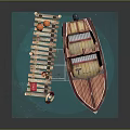 Brown Wooden Boat With Seats Steering Wheel Near Wooden Dock Lifebuoy Red Box Orange Buoys