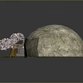 Natural Garden Scene With Large Rock Pink Cherry Blossom Tree Small Pavilion And Green Grass