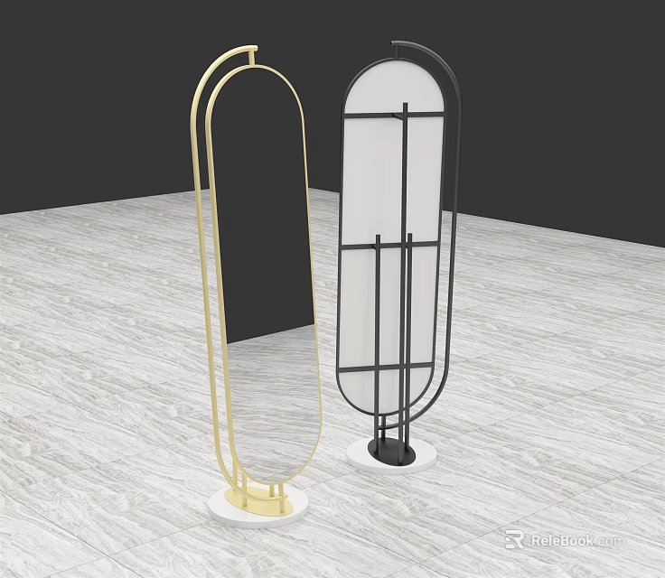 Two Modern Standing Mirrors With Gold And Black Metal Frames On Light Wood Floor 3d model 
