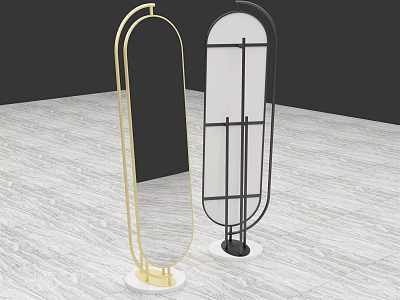Two Modern Standing Mirrors With Gold And Black Metal Frames On Light Wood Floor 3d model