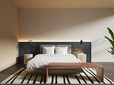 Stylish Hotel Room Interior With White Bedding Dark Headboard Bedside Tables And Indoor Plant 3d model