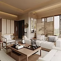 Chinese Traditional Living Room Interior Design With Wooden Screen Sofa And Coffee Table