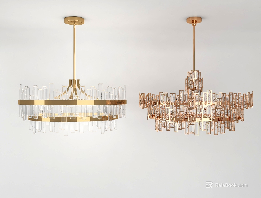 Modern Crystal Chandeliers with Gold Frame and Transparent Glass Crystal Elements 3d model 