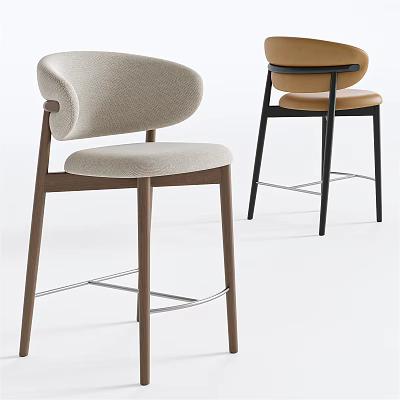 Modern Stylish Beige And Brown Upholstered Bar Stools With Wooden Legs Metal Footrest 3d model
