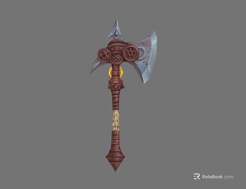 Medieval Battle Axe With Ornate Metal Blades Decorative Circles And Carved Wooden Handle 3d model 
