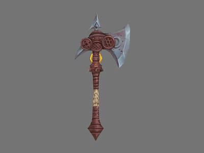 Medieval Battle Axe With Ornate Metal Blades Decorative Circles And Carved Wooden Handle 3d model