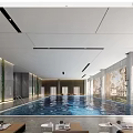 Modern Indoor Swimming Pool Design With Clear Blue Water And Rest Area Tables