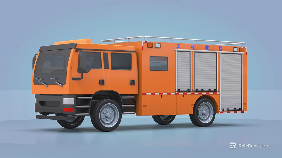 Orange Fire Utility Vehicle with Roll Up Doors Roof Rack and Reflective Strips 3d model 