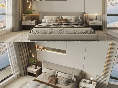 Modern Minimalist Bedroom Interior With Background Double Bed Headboard Nightstands Table Lamps And Decorative Plants 3d model