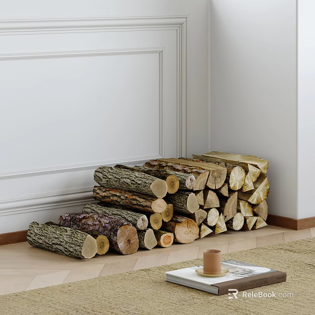 Decorative Wood Log Set Stacked in Corner by White Wall with Natural Wooden Pieces 3d model 